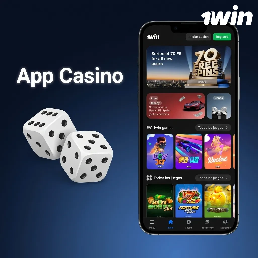 Casino app interface showing live games, slots, and table games from top providers with one-touch navigation.