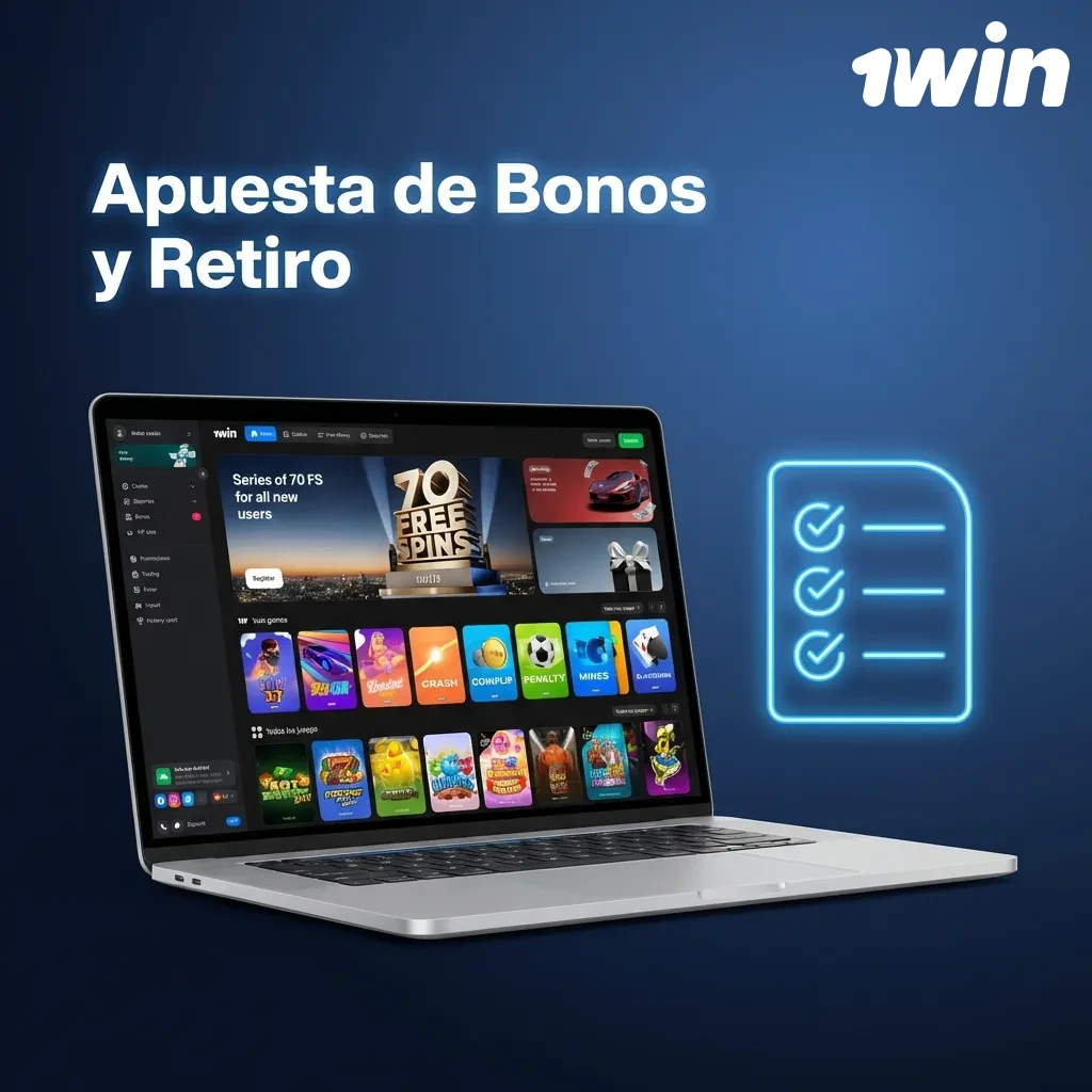 Información sobre requisitos de apuesta de bonos y proceso de retiro en casino online con iconos de monedas y documentos