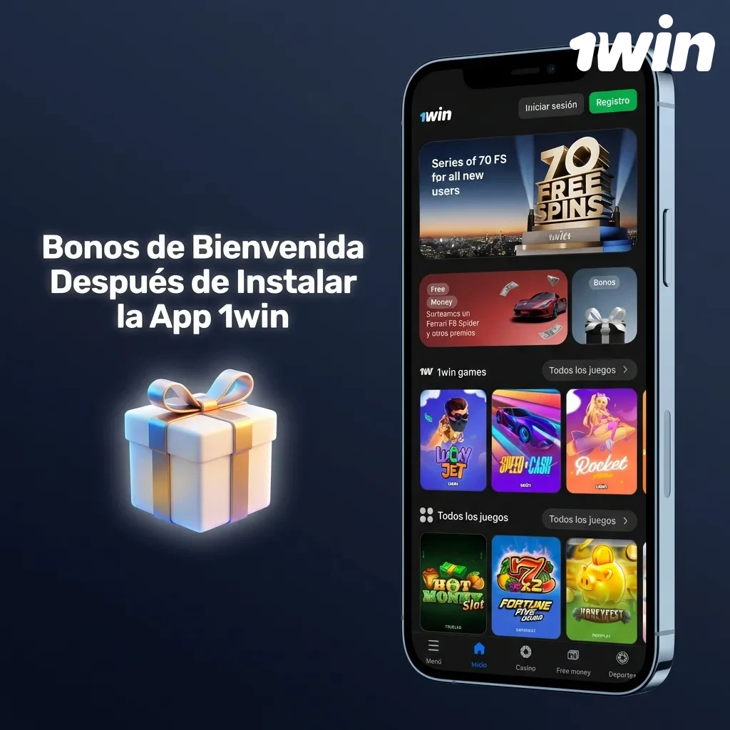 Pantalla de la app 1win mostrando bonos de bienvenida de hasta 1.920.000 CLP en cuatro depósitos con giros gratis incluidos