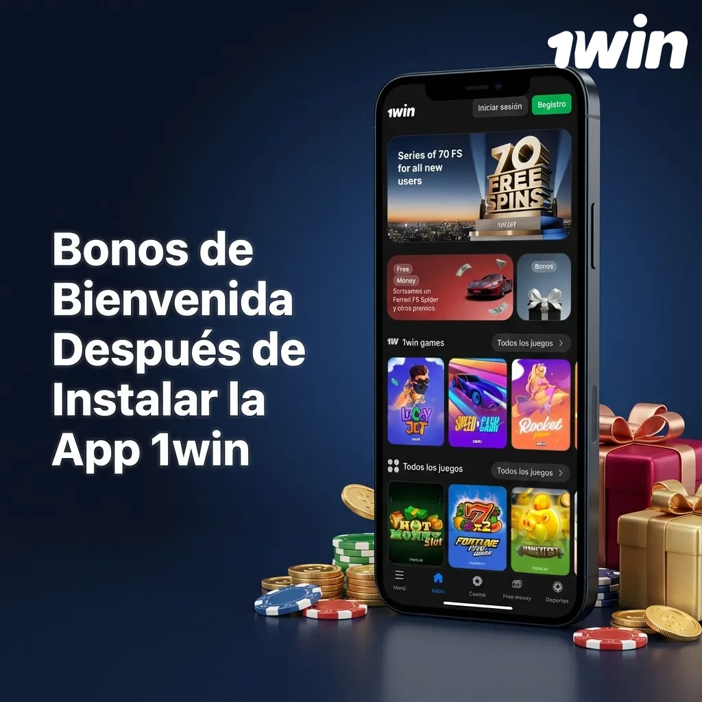 1win mobile app welcome bonus structure showing four deposit tiers with bonus percentages and free spins