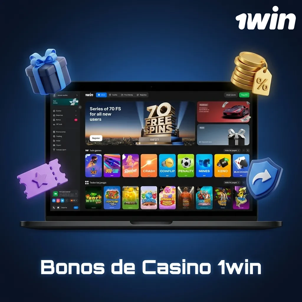 Promociones de bonos de casino 1win mostrando depósito, recarga semanal, cashback y torneos de slots en Chile