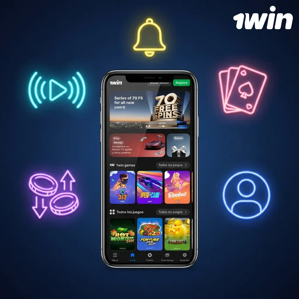 Pantalla de smartphone mostrando la interfaz de la aplicación móvil 1win con opciones de casino y apuestas deportivas