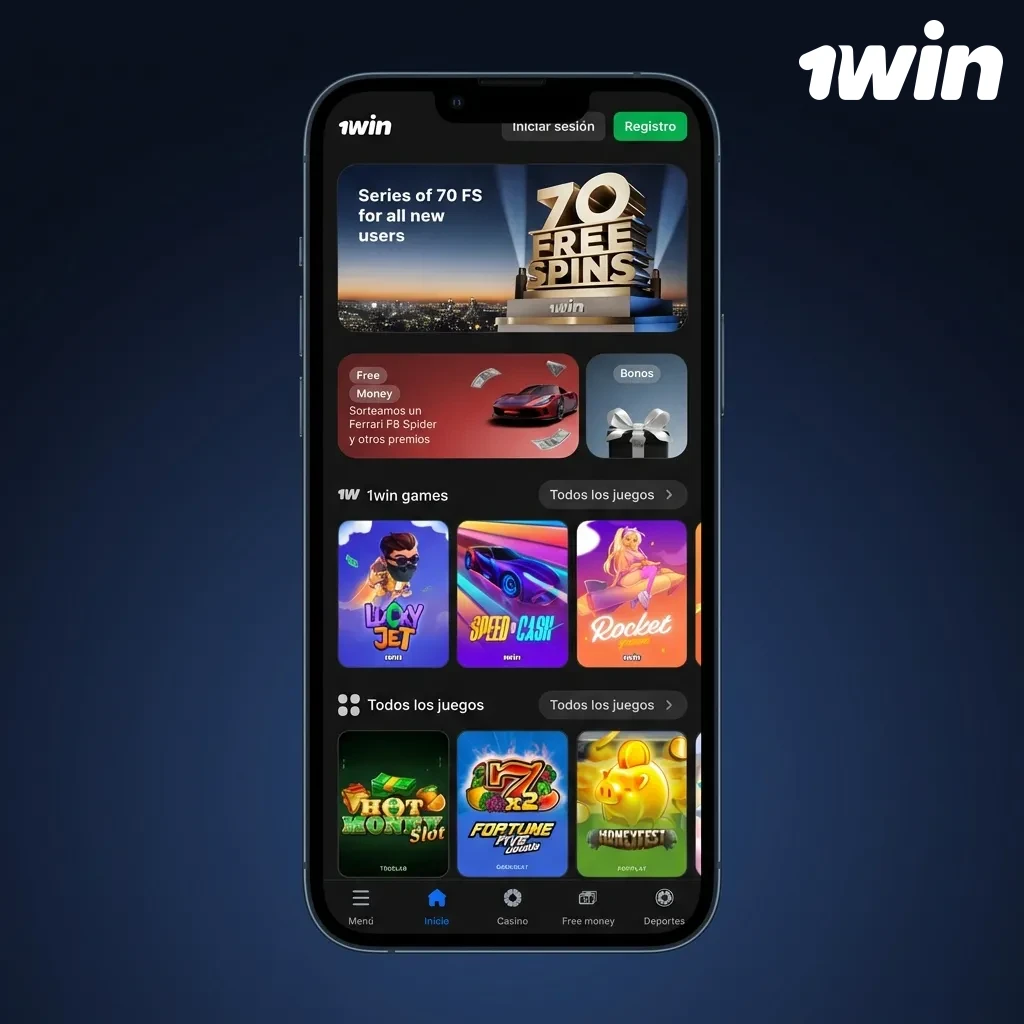 Captura de pantalla de la interfaz móvil de 1win mostrando menú de navegación con opciones de apuestas y casino