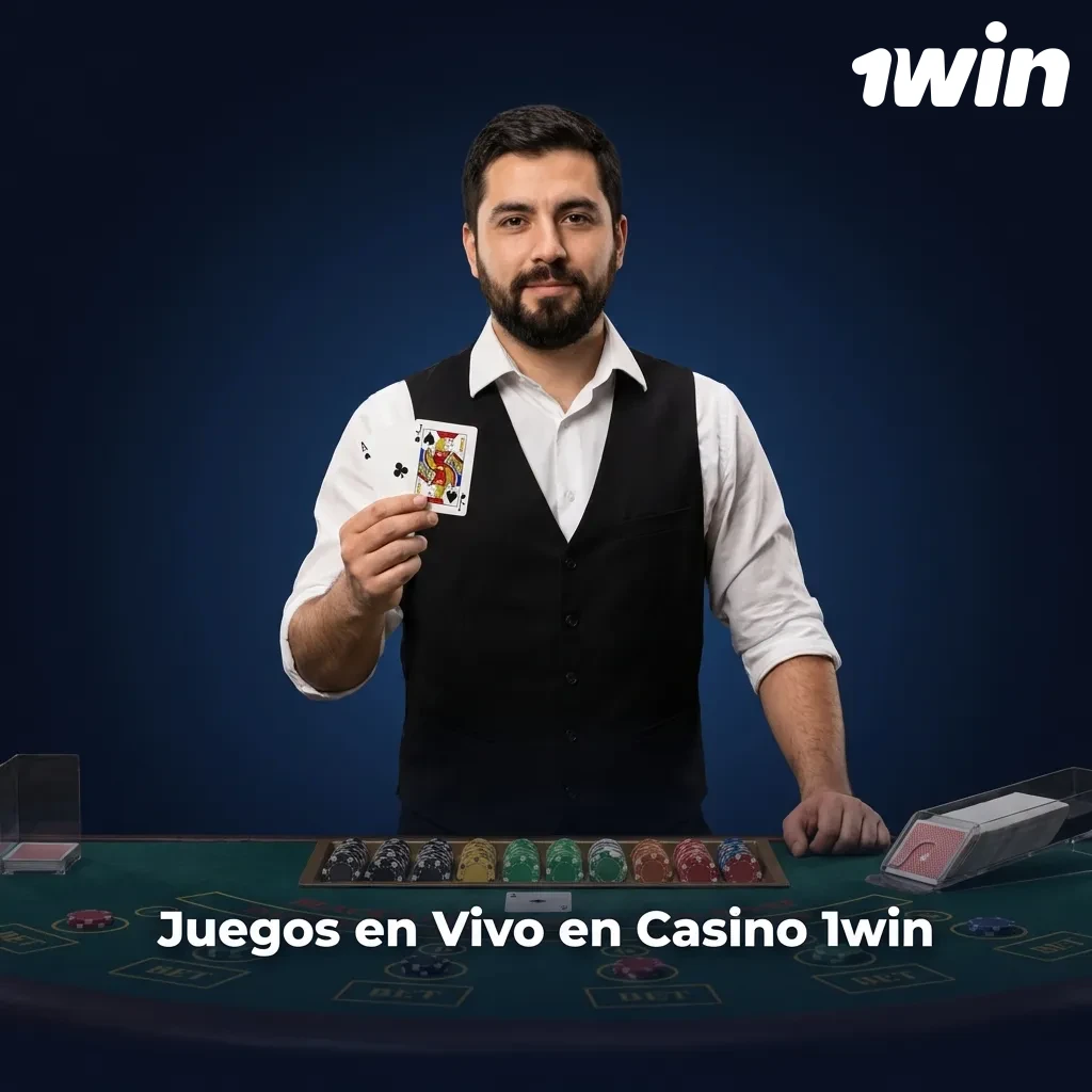 Crupier en mesa de casino en vivo con fichas y cartas, streaming HD en plataforma 1win con juegos de ruleta y blackjack
