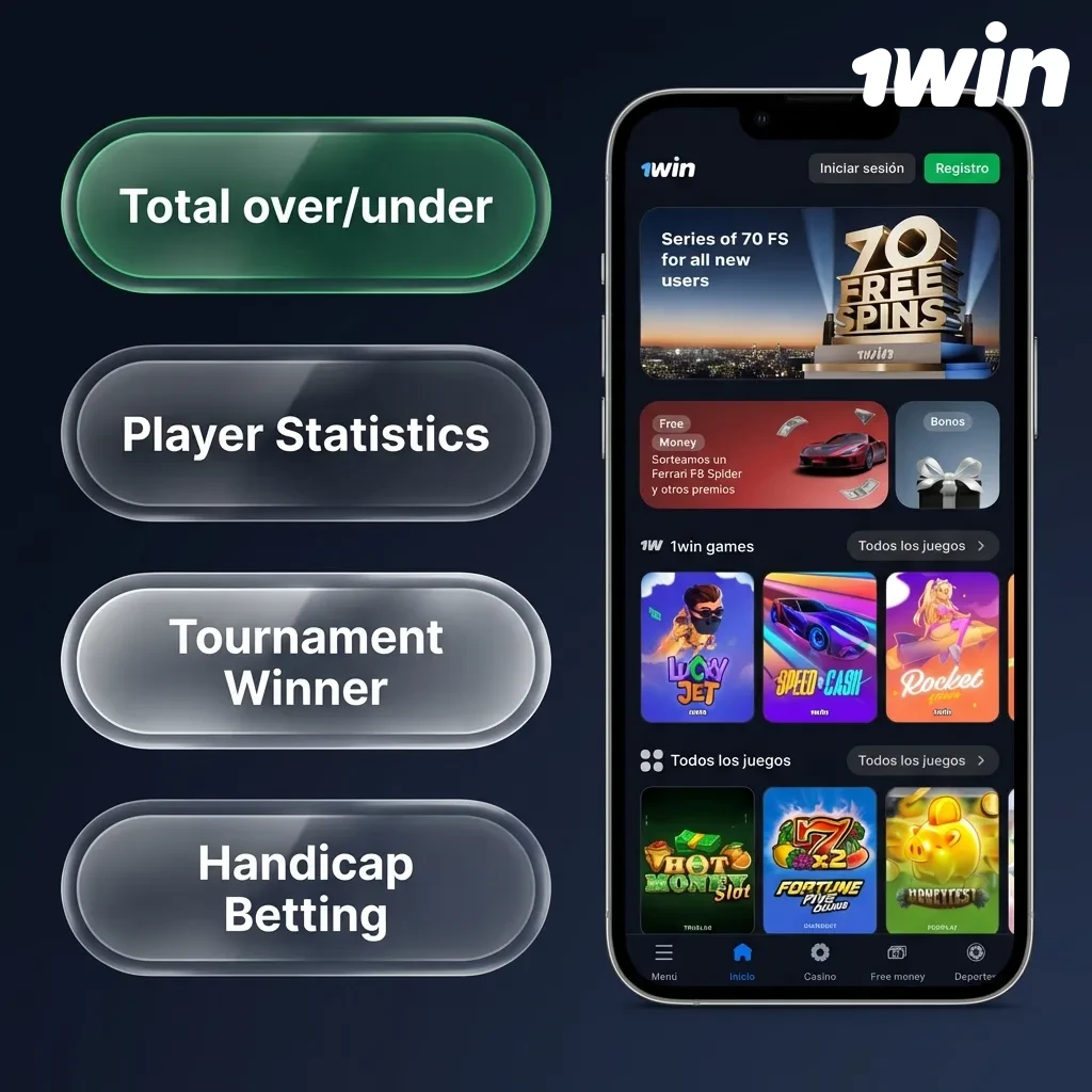 1win app betting types interface showing simple, parlay, system, live, handicap and over/under options