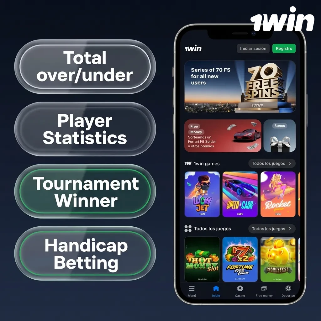 Pantalla de la app 1win mostrando diferentes tipos de apuestas: simple, combinada, sistema, en vivo y handicap disponibles.